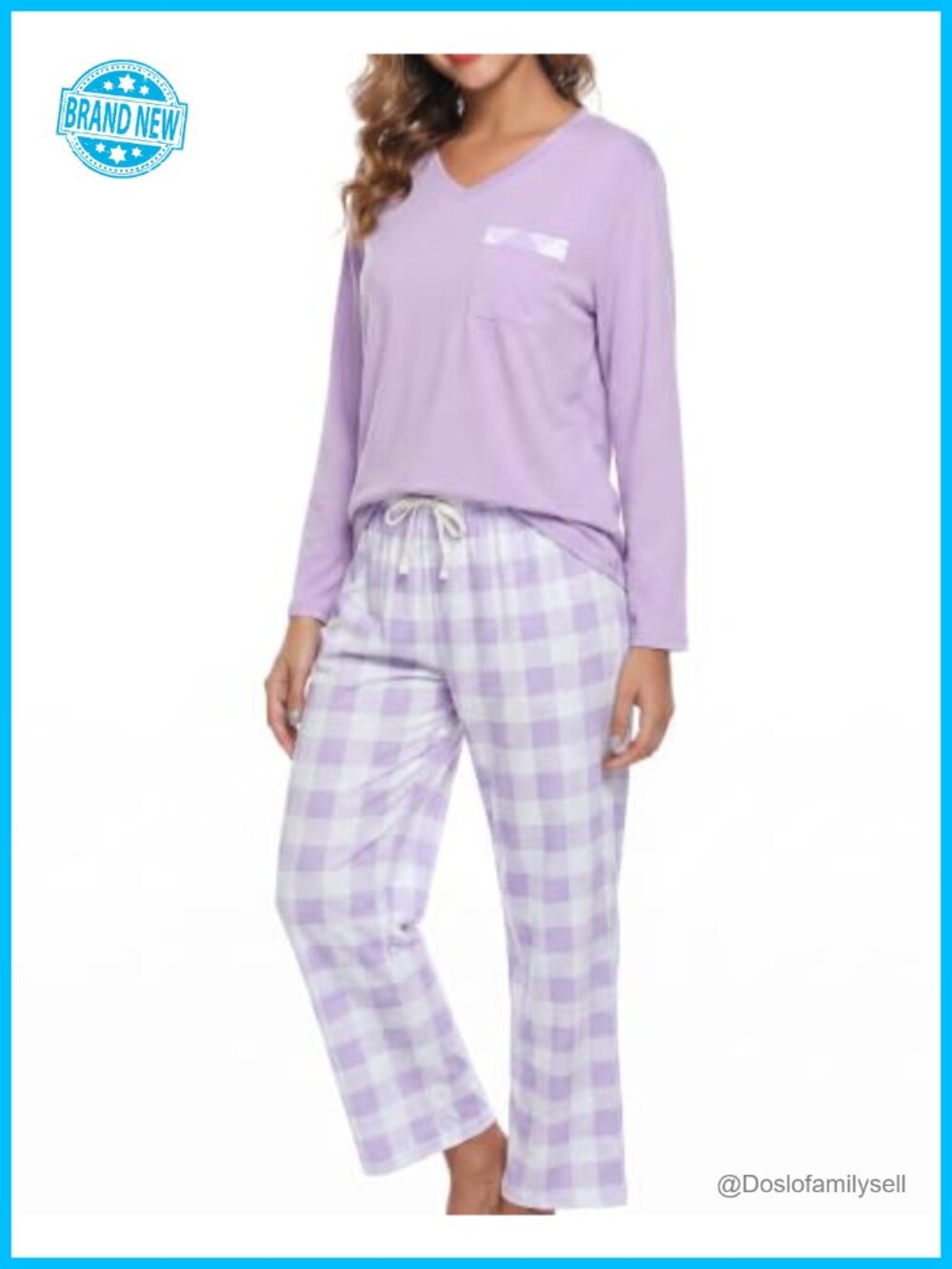 V-Neck Plaid Pajama Set Cotton Viscose Spandex Sleepwear Lounge